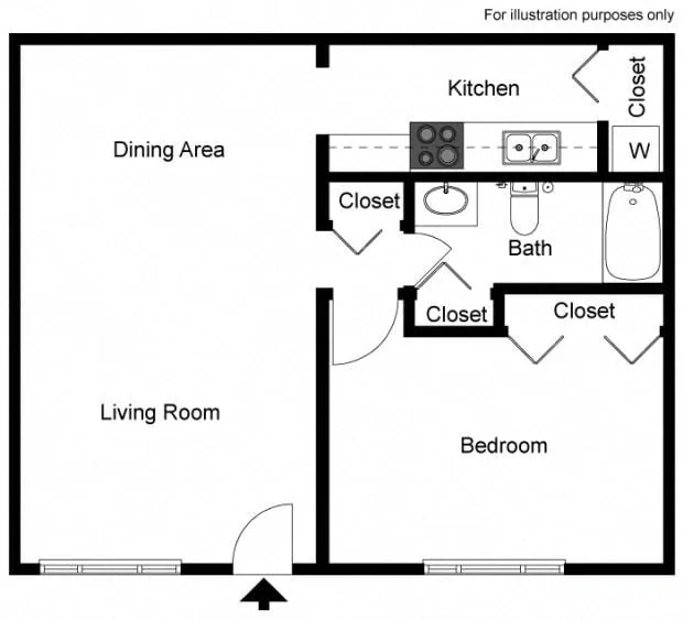 One-bedroom floor plan: living room and separate dining area, a kitchen, a full bath, a bedroom, and several closets