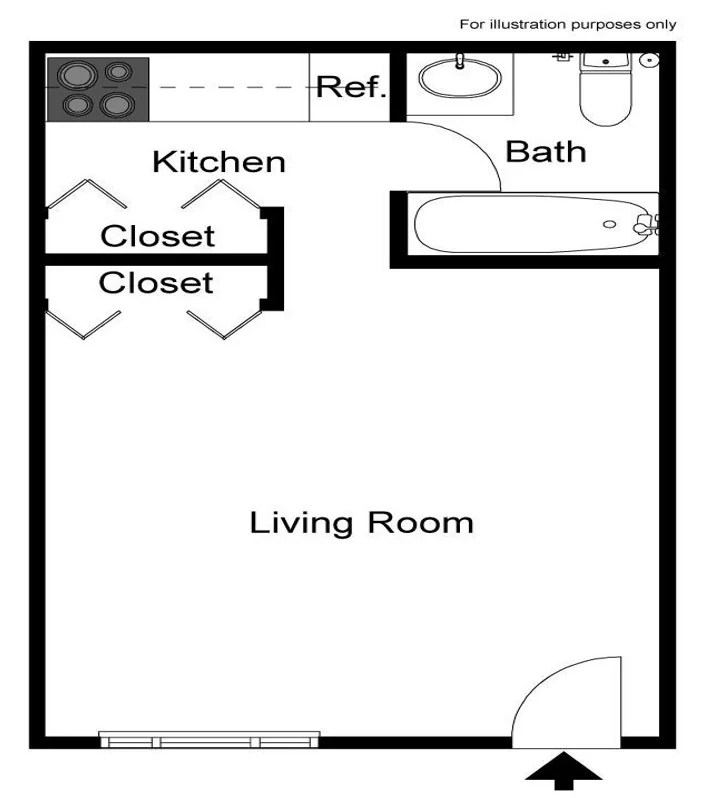 Studio floor plan: one open living room with a galley kitchen along the top wall, a full bath, and two closets