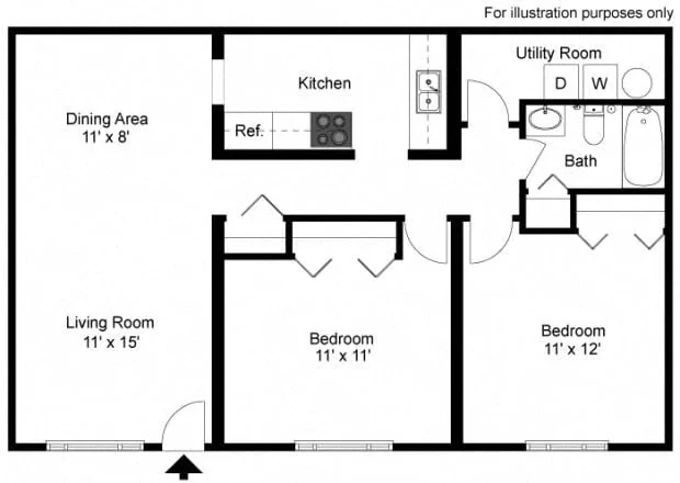 Two-bedroom floor plan: living room 11 by 15 feet, dining area 11 by 8 feet, bedrooms 11 by 12 and 11 by 11 feet, kitchen, bath, and a utility room with washer and dryer hookups