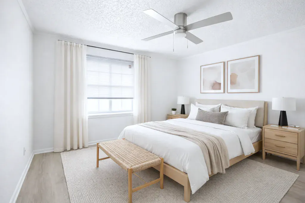 Bedroom with a made bed, ceiling fan, bedside lamps and a curtained window